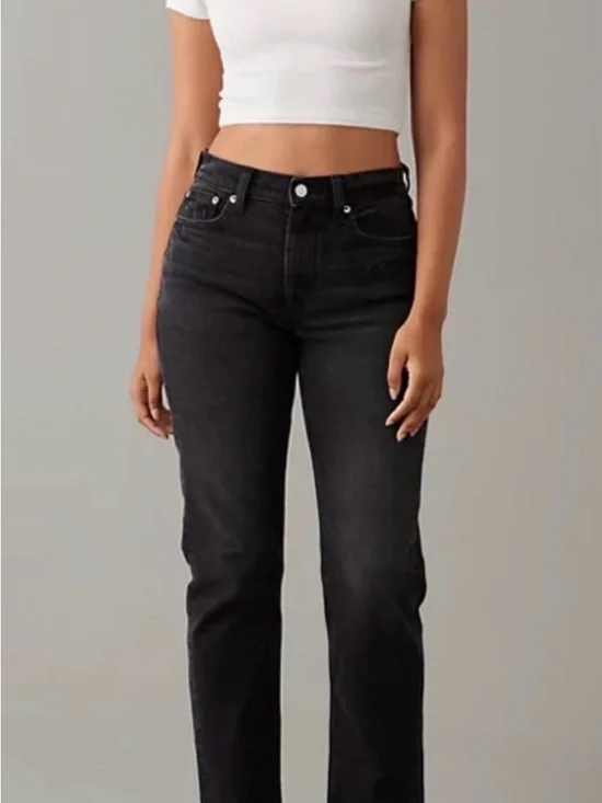 Women's American Eagle Super High Rise Ankle Straight Jeans Washed Black - Picture 2 of 9
